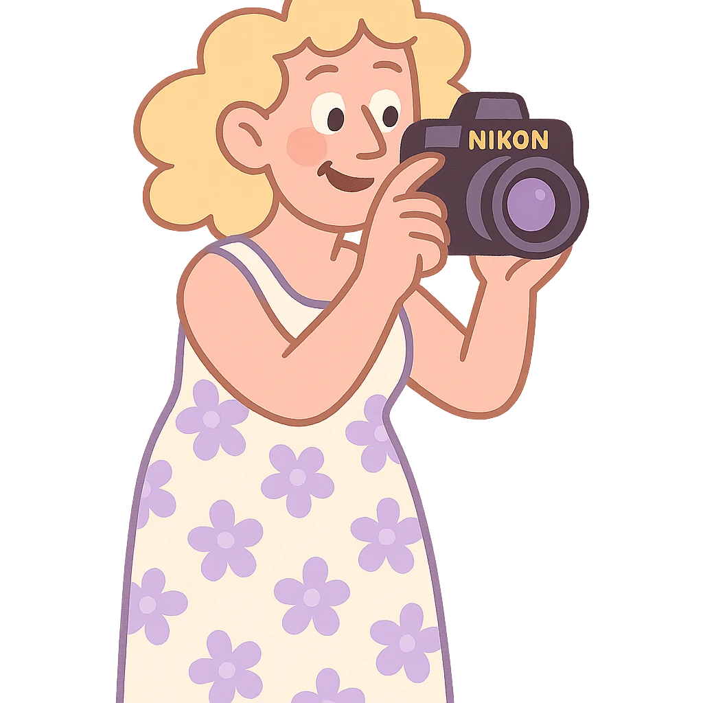 mujer rubia de rulos de 50 años con cámara Nikon y vestido largo blanco con flores lilas, estilo pastel-toon emoji