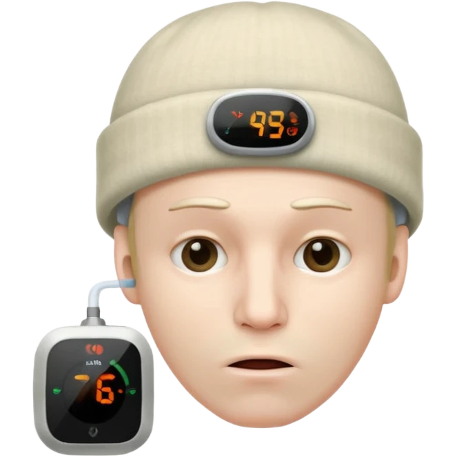 Sick man with hat on head and thermostat in mouth emoji