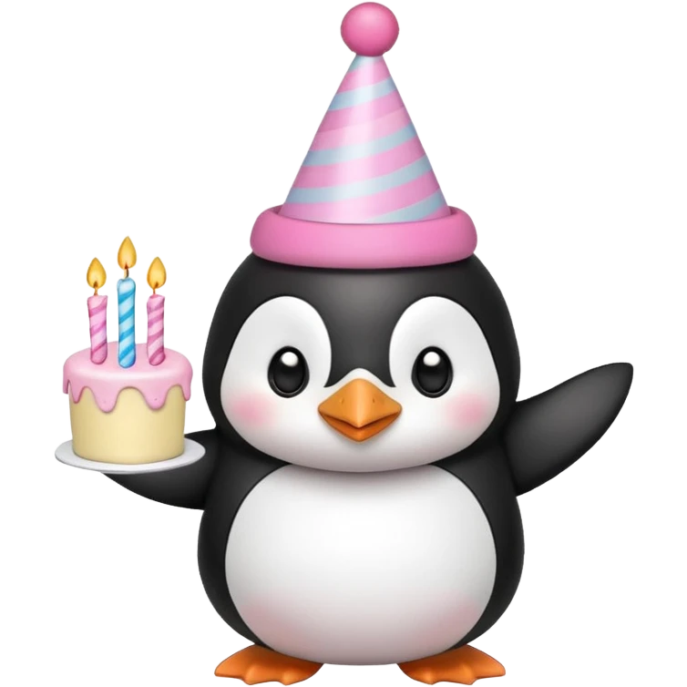 cute penguin  hold a birthday cake in both arms with pink birthday hat emoji
