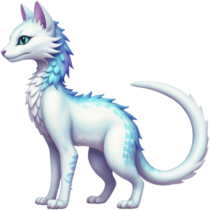 Kawaii white iridescent beautiful pretty elegant divine edgy fantasy feline-vernid-sergal-fursona animal creature with a tufted tail full body with intricate markings  emoji