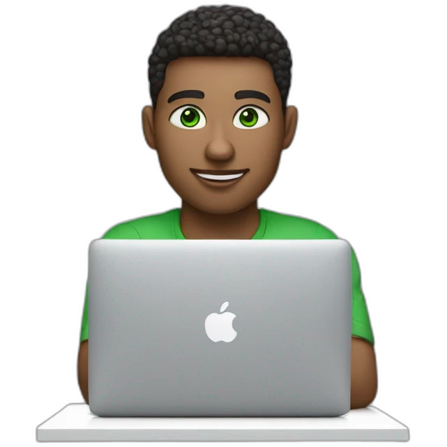 White Software engineer with green eyes coding on a macbook with AirPods emoji
