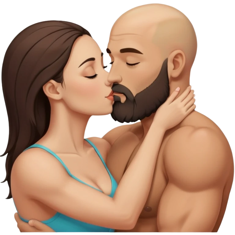 Muscular Bald man with a beard intimately kissing his young brunette wife  emoji