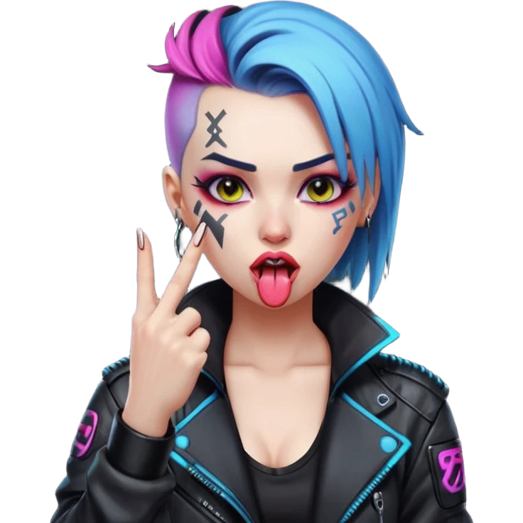 Woman with her tongue out in cyberpunk clothing and giving the middle finger. Looking naughty. emoji