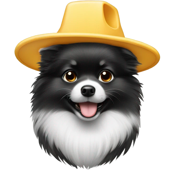 Black and white Pomeranian wearing a cheese hat emoji
