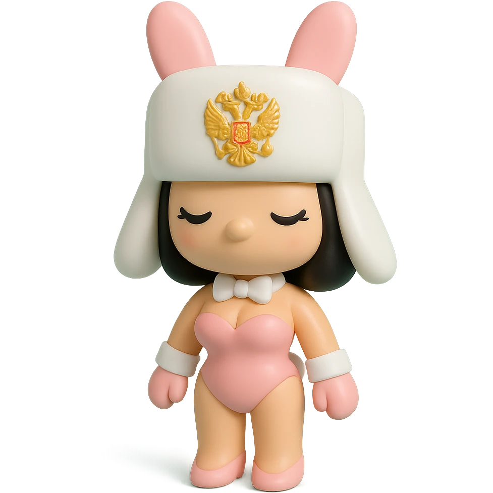 female PlayBoy Bunny character in pink costume, wearing a white ushanka hat with Russian coat of arms emoji