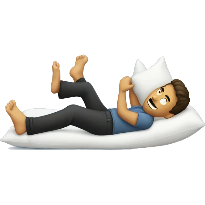 Guy laying down with feet up in the air holding up a pillow emoji