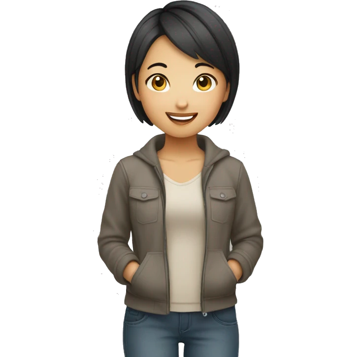 Positive Asian short hair girl holding  emoji