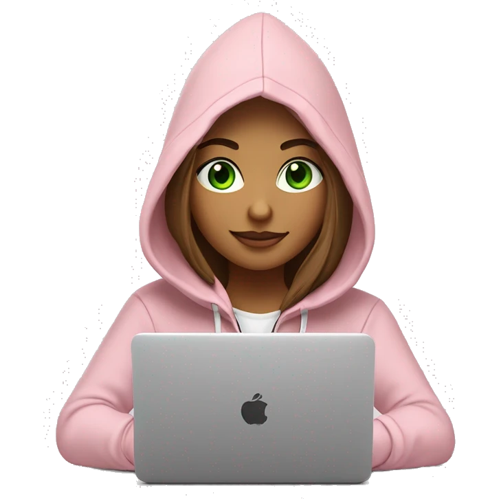 a girl with brown long hair, fair skin, green eyes, is working relaxed at a modern laptop in a monochrome pale pink zip hoodie with a hood and a pink monochrome T-shirt emoji