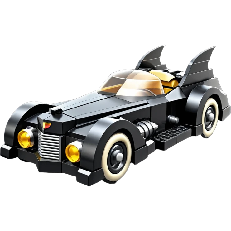  aerodynamic opulent dark futuristic concept Batmobile loosely based on 1976 V16 Cadillac roadster Lego (flat long straight faceted mechanical body) winged stealthy street hot rod  emoji