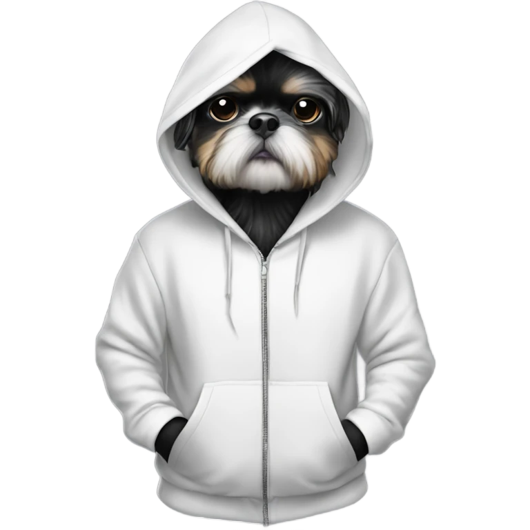 Black and white shitzu in a hoodie like a gangsta emoji