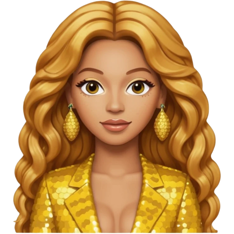 Beyonce with long strawberry blonde hair, yellow sequin outfit and earrings  emoji