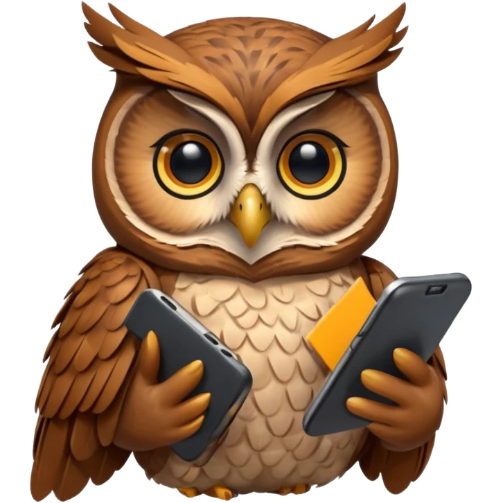 Сова  держит телефон крылом, внимательно слушает, блокнот под лапой  emoji
