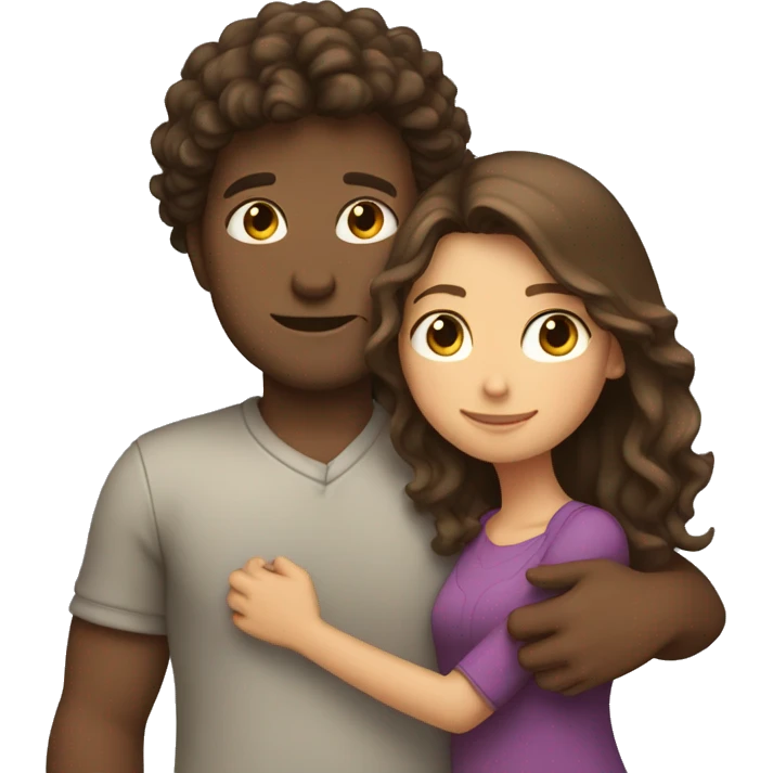 Girl with long straight brown hair hugging a guy with short curly brown hair emoji