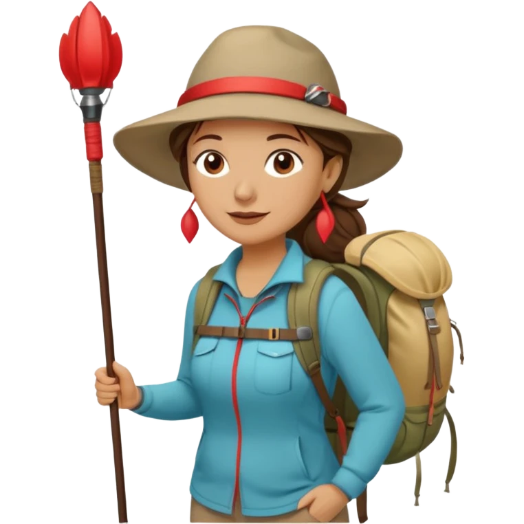 Middle aged women, long brown ponytail with wide brim hiking hat. With backpack and trekking poles. Backpack has a scallop shell with the cross of saint james hanging from it.  Remove the cross and add a scallop shell on a red string hanging from the backpack  emoji