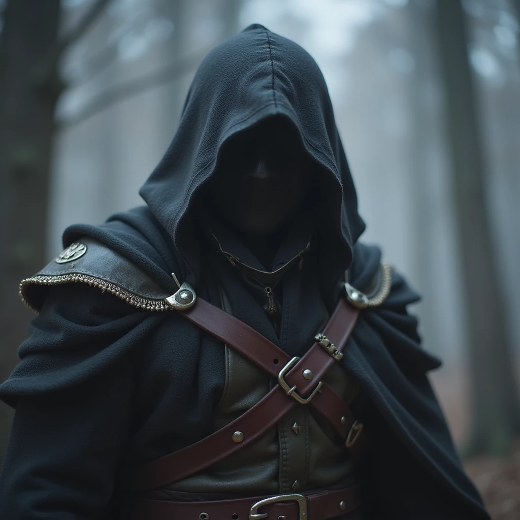 realistic fantasy style full body mysterious League of Legends assassin in a hood, face clearly visible emoji