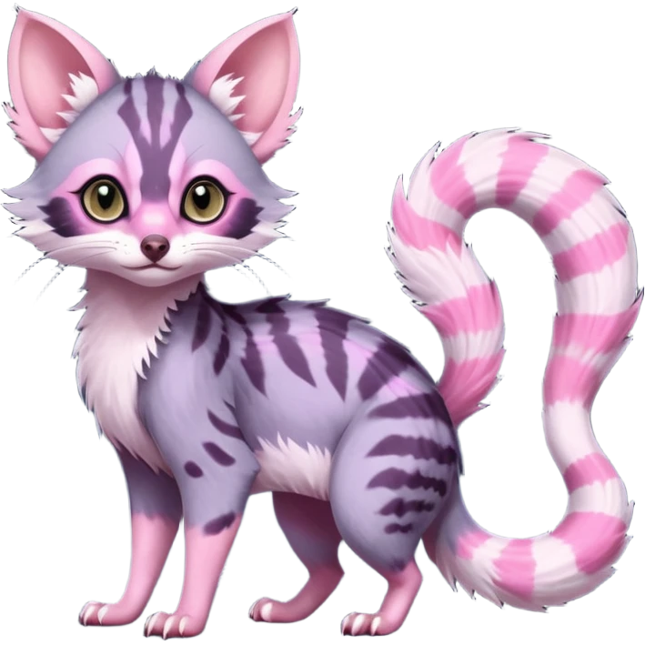 Deep dark pastel bright whitish pale Violet-pink-gradients with darker points Asian painted anime-styled big-eyed shiny glorious divine marked exotic cool beautiful realistic Lykoi-civet-genet-sergal-ocicat-oncilla-animal-Fakémon-hybrid-fursona (full body) emoji