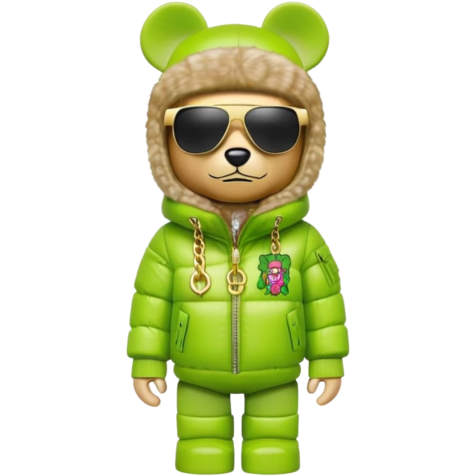 bearbrick toy with cubic head wearing a lime green balaclava with graffiti logos, oversized puffy jacket with fur hood trim, sleek single-piece visor sunglasses, gold chains around neck emoji
