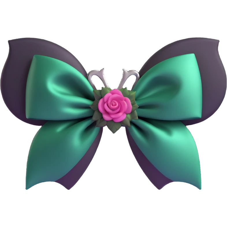 3D emoji gothic bow, deep forest green silk, silver bat charm, and dark rose center emoji