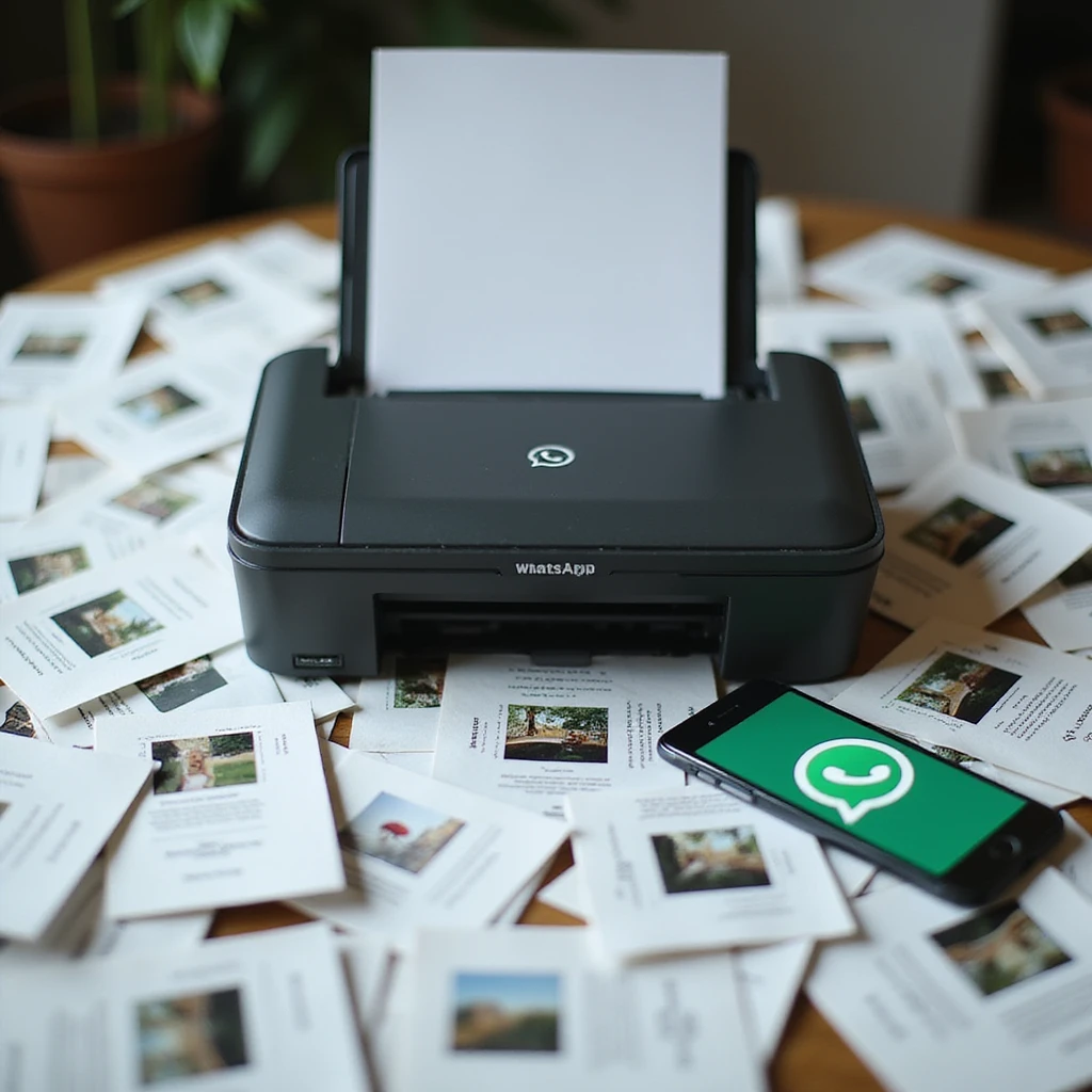 realistic thumbnail image for a WhatsApp print out service, showing a printer surrounded by many printed pages of WhatsApp chats, with a phone displaying the WhatsApp app emoji