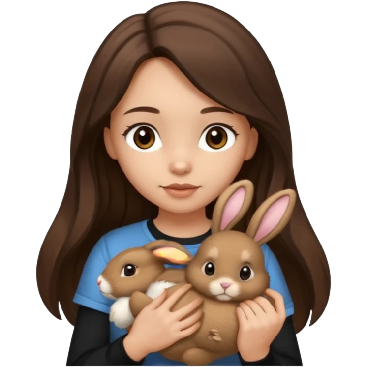 Girl About 15 years old with light skin and brunette Long slightly wavy hair, with dark brown eyes. Shes wearing black t-shirt. In her hand she's holding a brown bunny with ears down emoji