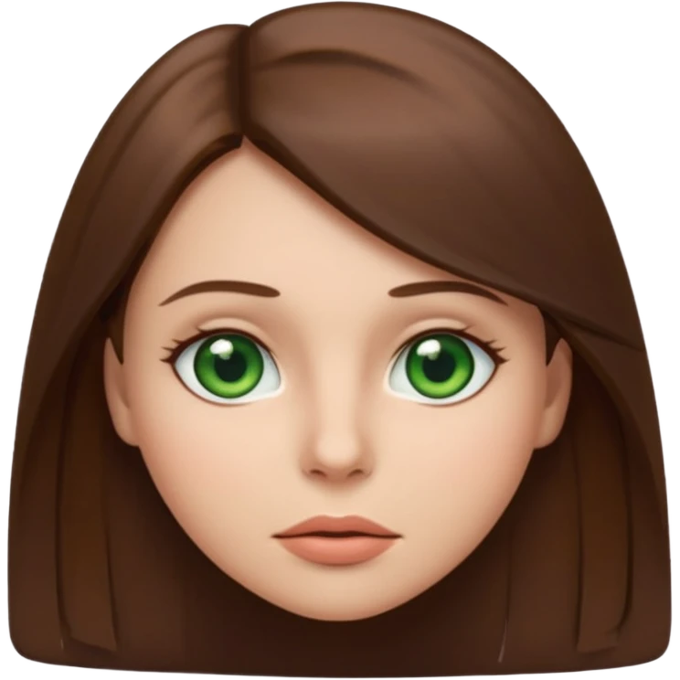 Female face emoji. Straight medium-length brown hair, fair skin, green eyes, neutral expression, closed lips, minimal makeup emoji