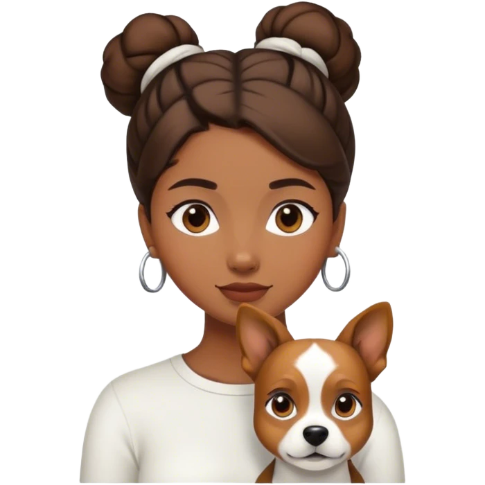 sort, 30 year old, brown girl, back Bun hairstyle, with a white brown dog emoji