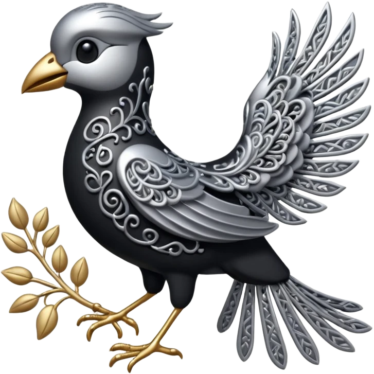 Black and silver filigree bird, 3D, extremely detailed design emoji