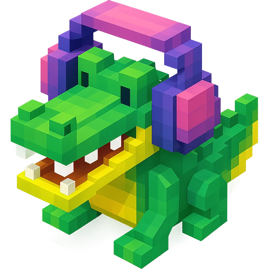 crocodile wearing large over-ear headphones, isometric view, voxel style emoji