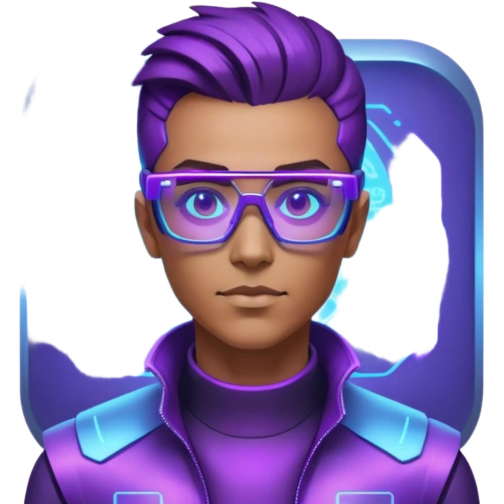 A futuristic cyberpunk human expert, half-human, half-digital, working on a glowing holographic interface, wearing high-tech glasses, with neon blue and purple lighting emoji