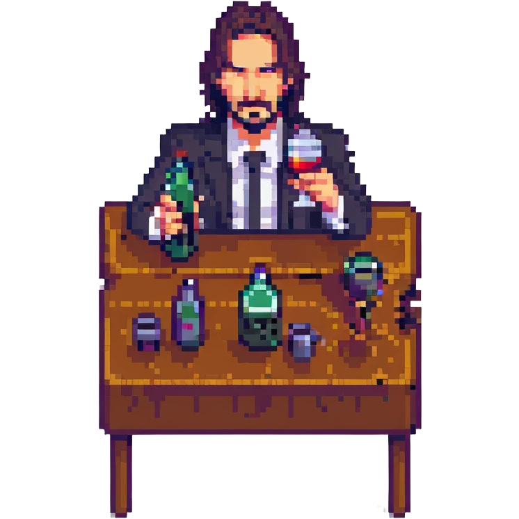 John Wick drinking, pixel art style emoji