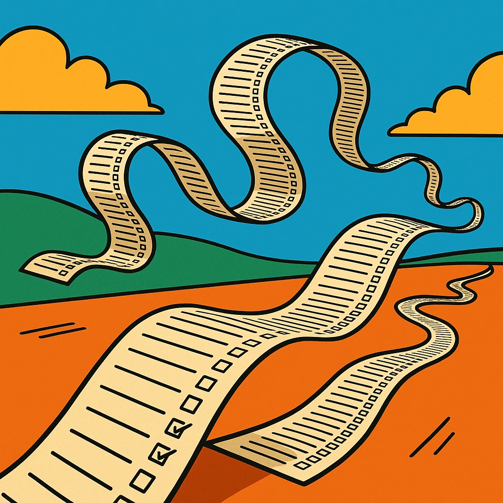 extremely long wavy to-do list with hundreds of tiny checkboxes, curling and looping like a cartoon snake, disappearing into the horizon, vibrant cartoon style emoji