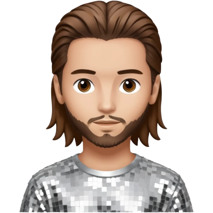 Tom Kaulitz from Tokio Hotel with long brown hair, silver sequin outfit  emoji