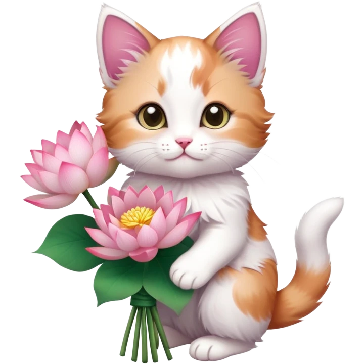 Kitten holding a bouquet of lotus flowers emoji