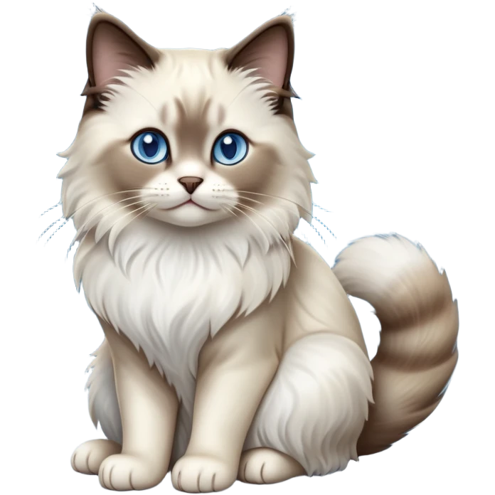 Cinematic-Seal-Ragdoll-Cat-Realistic-Full-Body-Sitting-Emoji – Tail curled playfully around its paws, head tilted dramatically, fluffy brown-and-white fur with darker seal points, simplified yet realistic focused features, highly detailed, glowing with an almost sarcastic glow, piercing blue eyes radiating elegance and charm. emoji
