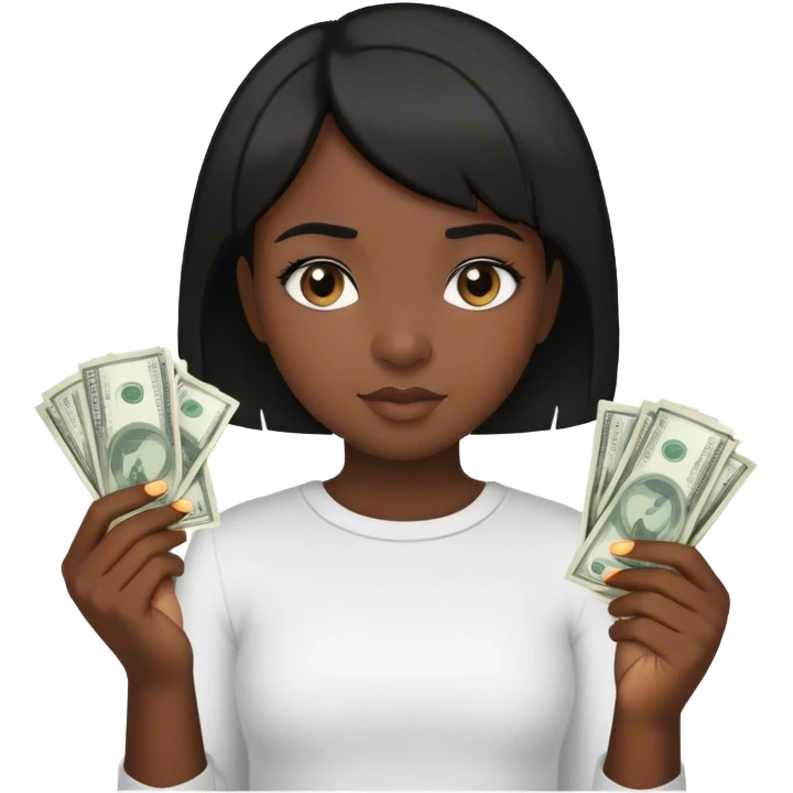a young girl with dark skin and short black hair holding money and a glue stick in her hands emoji