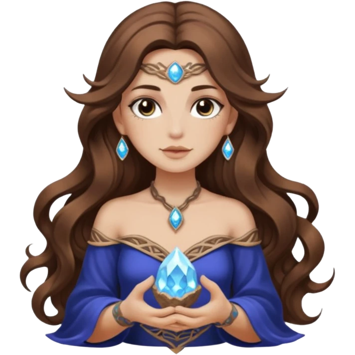 crystal moon mage woman long wavy brown hair tattoos small geode emoji
