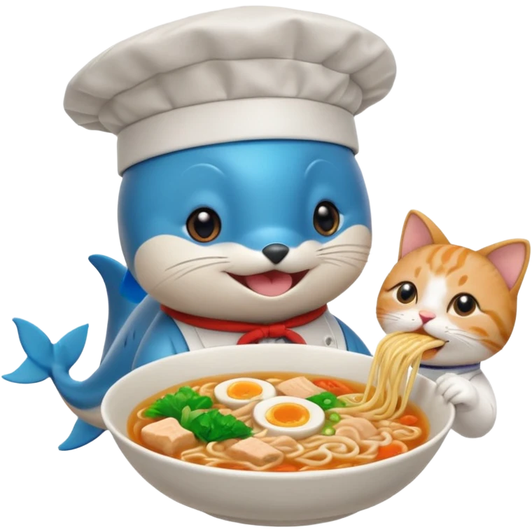 I want a dolphin on top of a cat eating ramen noodles in Japan shibuya emoji