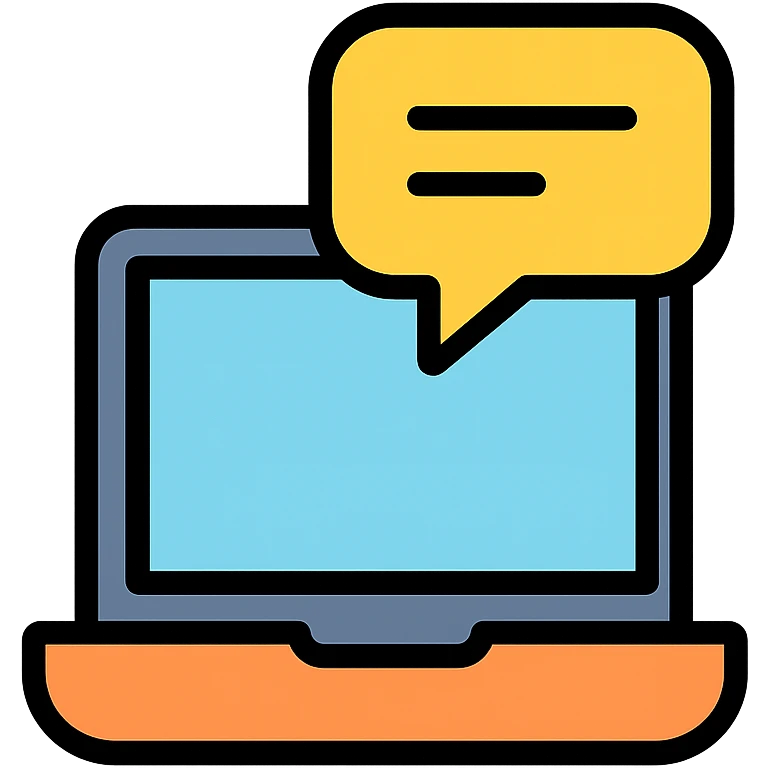 ordinateur avec une bulle de conversation au dessus, style icône moderne, couleurs vives emoji