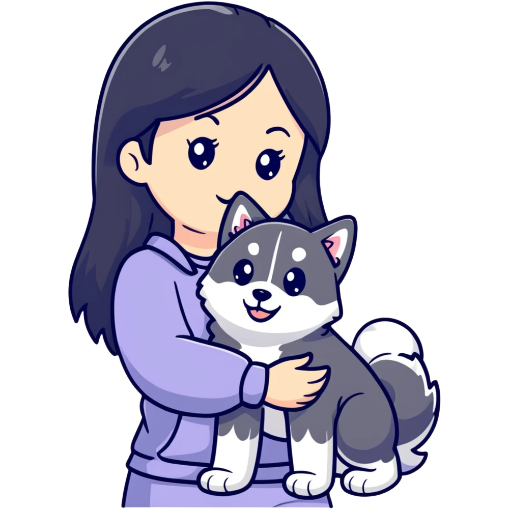 beautiful girl with long black hair holding a cute husky puppy emoji