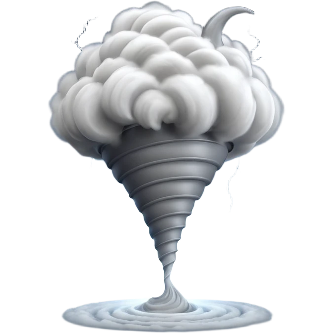 3D render of Tornado, miniature weather phenomenon, volumetric particle effects, swirling dusty grey funnel cloud, elemental energy, Apple emoji style, isolated on white background --v 6.0. emoji