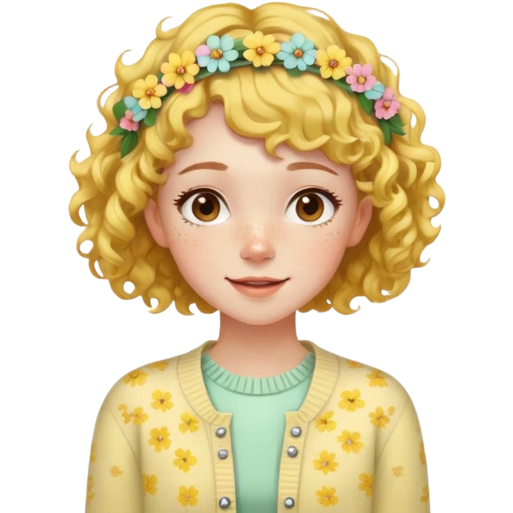  A freckled girl with short curly hair, a floral headband, and a pastel yellow cardigan, looking joyful. emoji