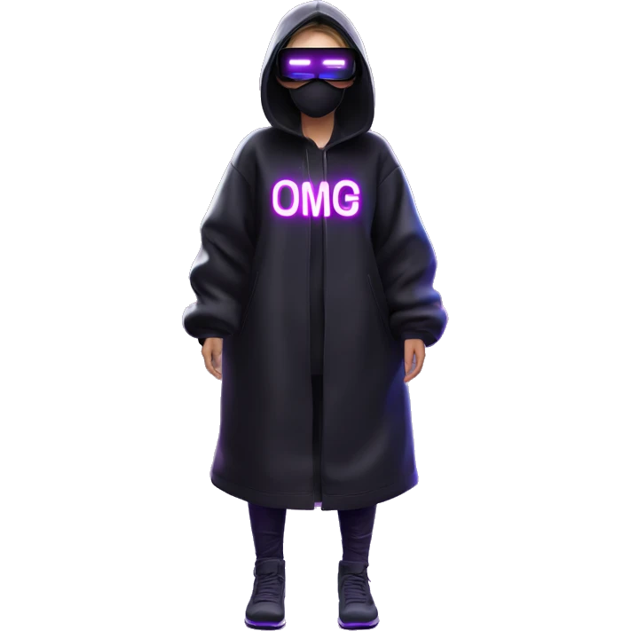 Russian girl wearing black hoody with violet letters "OMG", in vr headset oculus quest2. Standing like jedi. Cyberpunk style. Violet neon. emoji