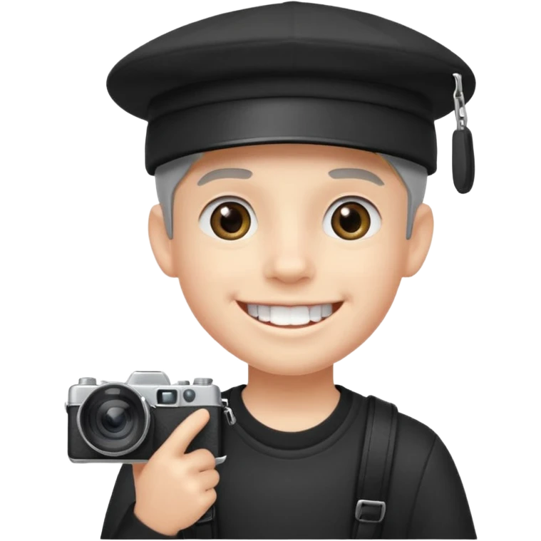 smiling schoolboy with large front teeth wearing a black cap holding a camera emoji