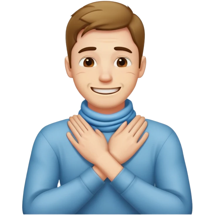 Guy choking himself with his hands crossed around his neck with a fake smile on his face  emoji