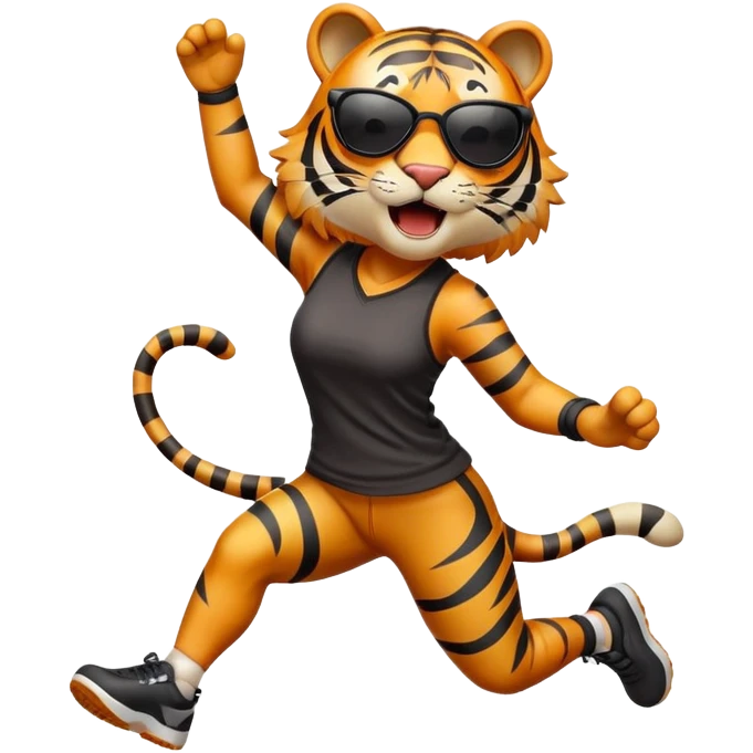 female energetic anthropomorphised tiger in sports clothes, wearing dark sunglasses, jumping with excitement emoji