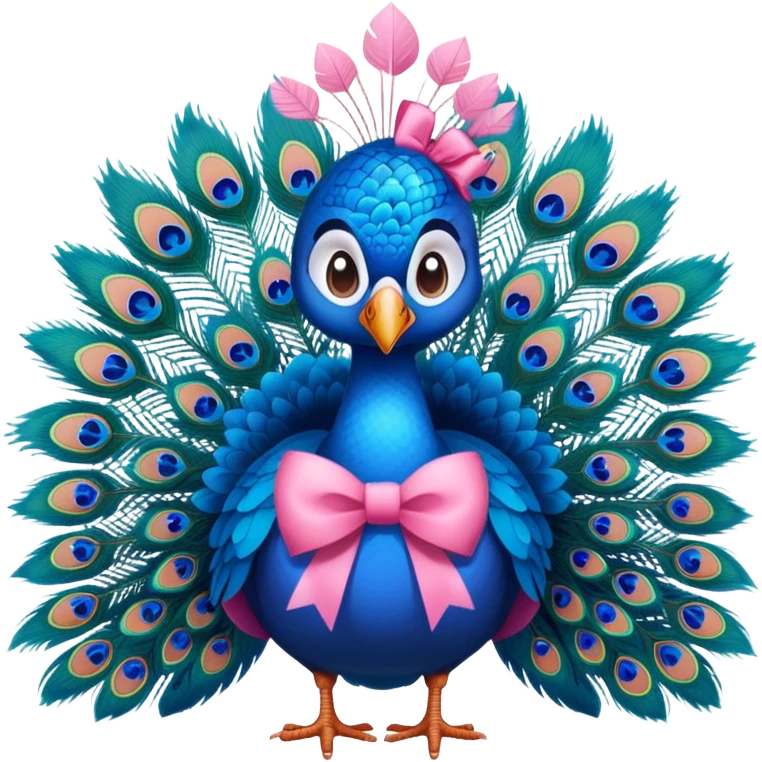 Cute blue peacock with a pink bow sitting down emoji