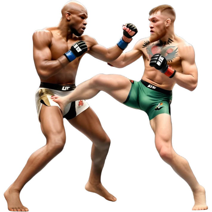 An MMA showdown between Conor McGregor and Anderson Silva in the octagon. McGregor is executing a powerful jumping strike, while Silva is expertly blocking the attack with his forearm. The background features the UFC octagon, fans in the distance, and dynamic action. Transparent background emoji