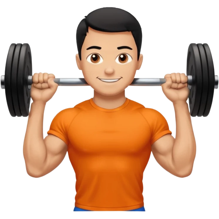 Mach mir einen glücklichen typen der im gym trainert und viele muskeln hat mit einem orangen sport thshirt und schwarzen kurzen haaren emoji