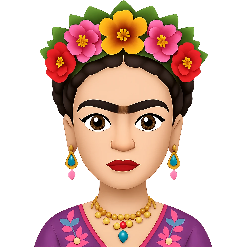 Add a more prominent unibrow to Frida Kahlo in the style of emoji. Keep the transparent background. emoji