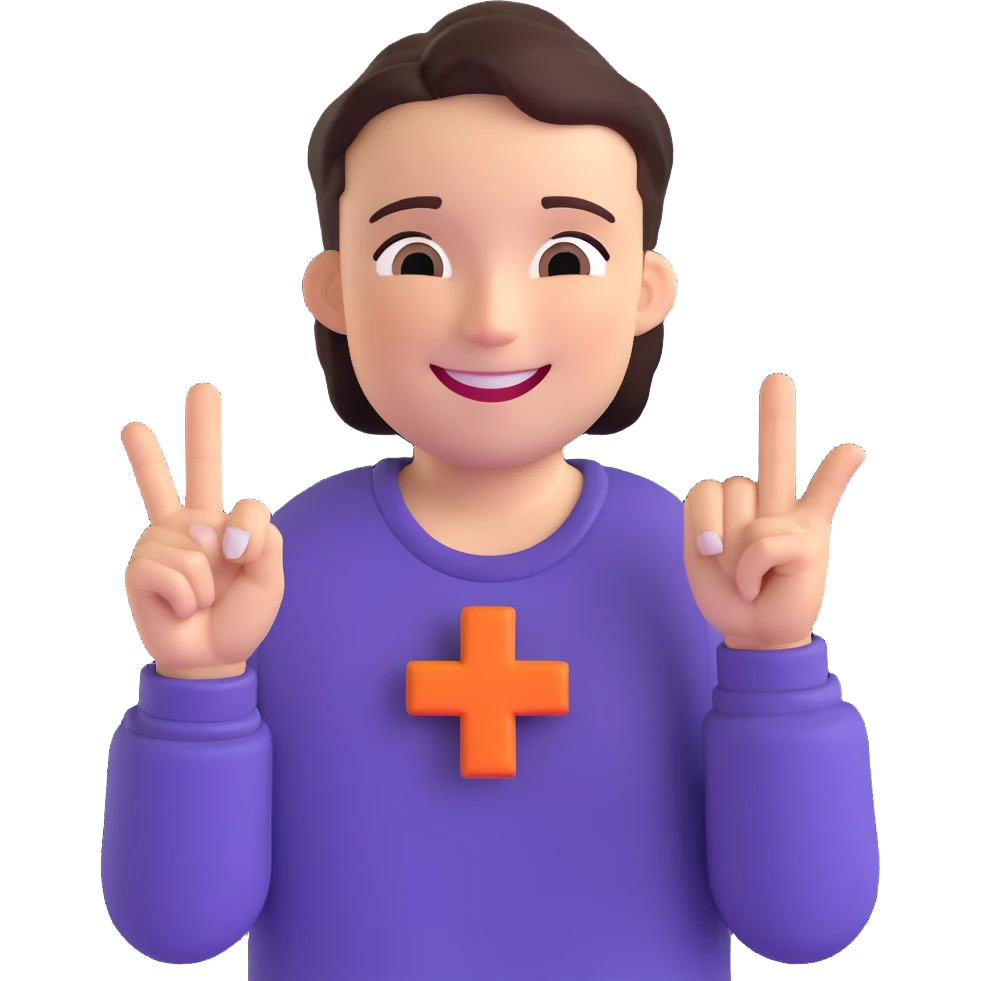 a friendly person smiling and forming a plus sign with their fingers in front of their chest, one hand horizontal, one vertical, lively and positive expression emoji